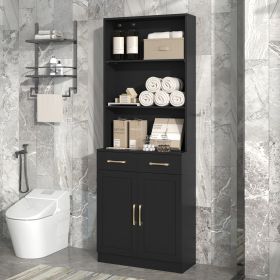 Bathroom Storage Cabinet, Cabinet with Two Doors and Drawers, Adjustable Shelf, Three-layer Open Shelf, MDF Board, Black