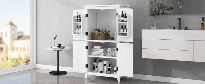 Elegant Bathroom Floor Storage Cabinet, Bathroom Storage Unit, Freestanding Cabinet with 4 Doors, Adjustable Shelves, Adaptable Shelves, White