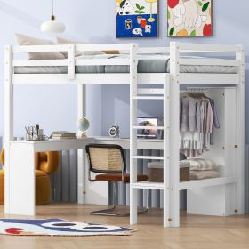 Twin Size Loft Bed with L-shaped Desk, Wardrobe and Storage Shelves, White