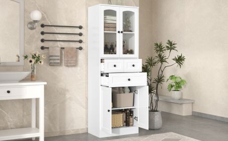 Tall Bathroom Storage Cabinet, Cabinet with Four Doors and Drawers, Adjustable Shelf, MDF Board, White