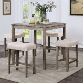 Transitional 5pc Counter Height Dining Set Gray Counter HT. Table and 4x Stools Linen-like Beige Cushion Seat Dining Room