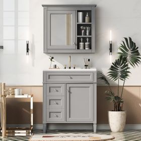 30'' Bathroom Vanity with Top Sink, Modern Bathroom Storage Cabinet with 2 Drawers and a Tip-out Drawer, Freestanding Vanity Set with Mirror Cabinet