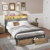 Bed Frame queen Size with Storage Headboard and 2 Drawers, Upholstered Platform Bed with Charging Station and LED Light, Heavy Duty Frame Support