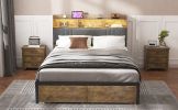 Bed Frame queen Size with Storage Headboard and 2 Drawers, Upholstered Platform Bed with Charging Station and LED Light, Heavy Duty Frame Support