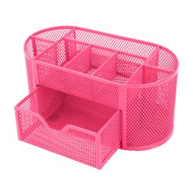 Metal Mesh Pencil Holders Desk Organizer with 9 Compartment Pen Holder Storage (Color: Hot Pink)