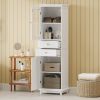 Tall Bathroom Storage Cabinet with Glass Doors, Free-Standing, Two Drawers, and Adjustable Shelves, MDF Board