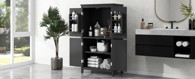 Elegant Bathroom Floor Storage Cabinet, Bathroom Storage Unit, Freestanding Cabinet with 4 Doors, Adjustable Shelves, Adaptable Shelves, Black (Color: as Pic)