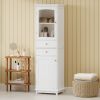 Tall Bathroom Storage Cabinet with Glass Doors, Free-Standing, Two Drawers, and Adjustable Shelves, MDF Board